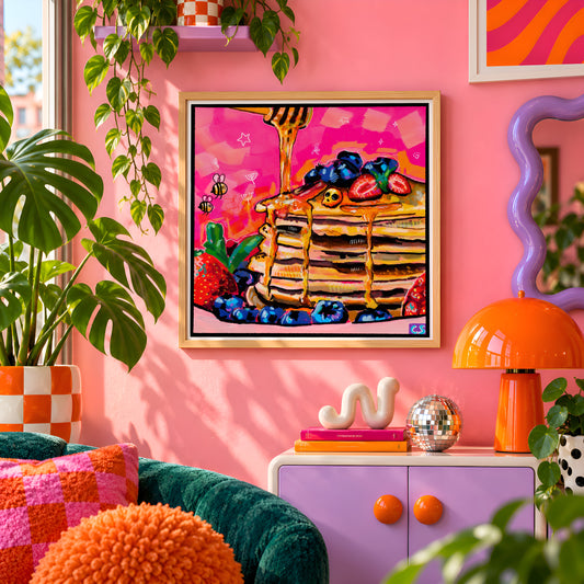 Pancakes and Bees wall art print framed on a pink wall, featuring a stack of pancakes with honey, blueberries, strawberries and bees, Candy Decay style by Paintranger