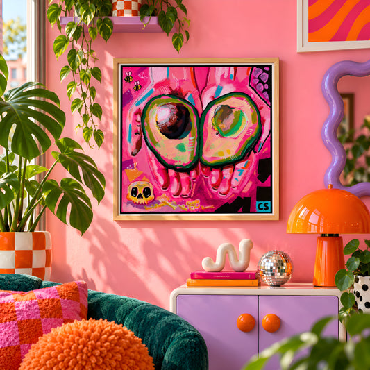 Avocado Hands wall art print framed on a pink wall, featuring two avocado halves held up by a pair of hands, Candy Decay style by Paintranger