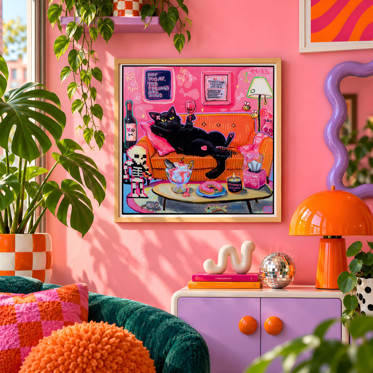 Not Today, The Feelings Are Huge wall art print framed on a pink wall, featuring a black cat lounging on an orange couch with donuts and a skeleton figure, Candy Decay style by Paintranger