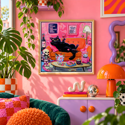 Not Today, The Feelings Are Huge wall art print framed on a pink wall, featuring a black cat lounging on an orange couch with donuts and a skeleton figure, Candy Decay style by Paintranger