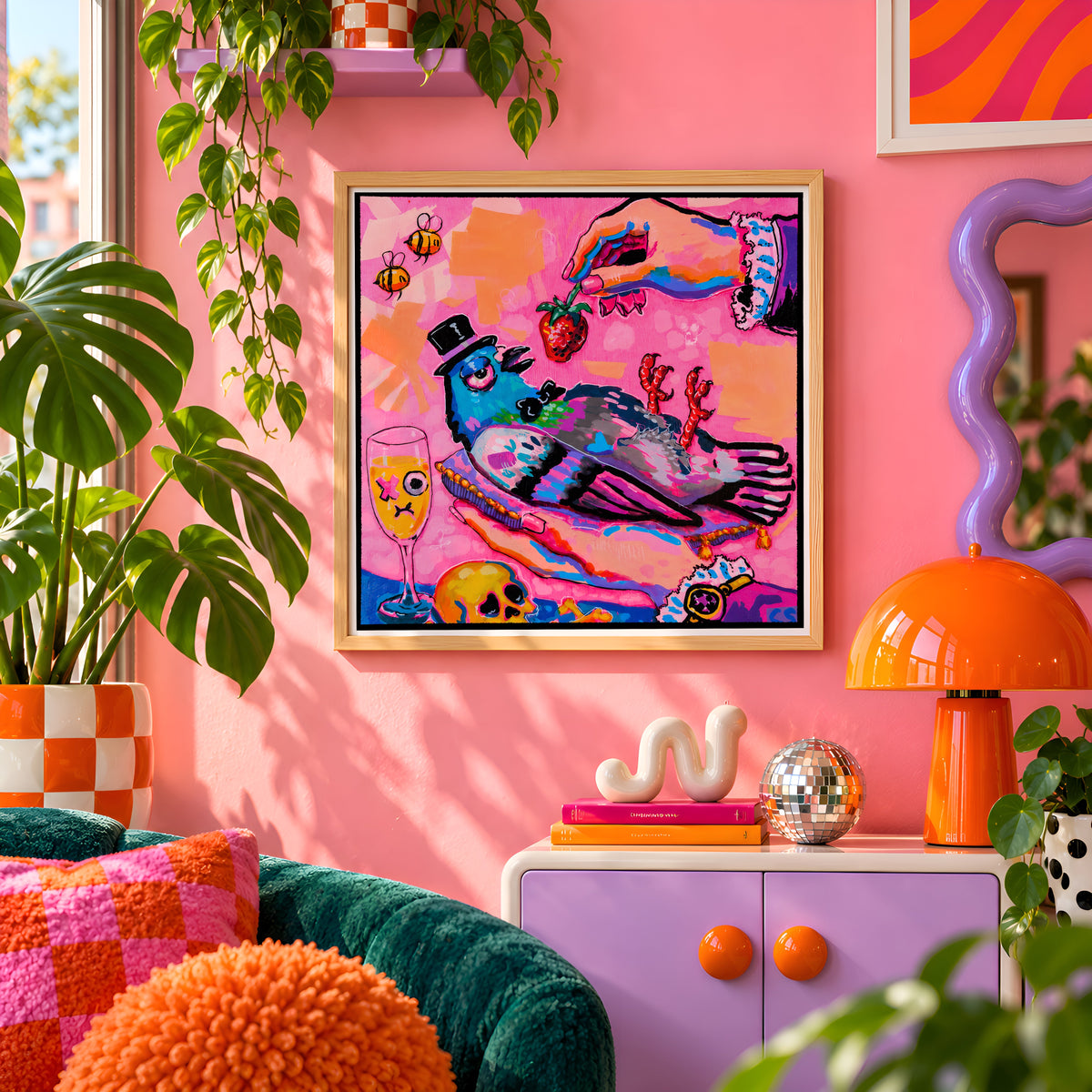 Indulgence and Decay wall art print framed on a pink wall, featuring a pigeon in a top hat being fed a giant strawberry, Candy Decay style by Paintranger