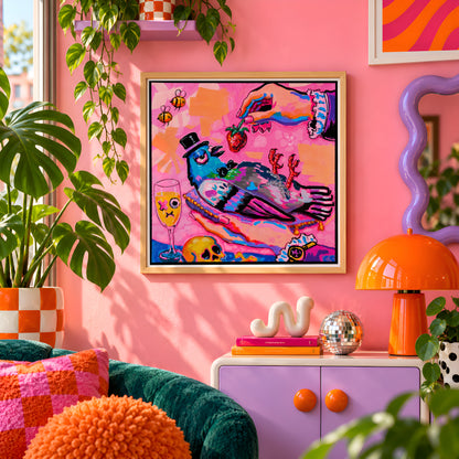 Indulgence and Decay wall art print framed on a pink wall, featuring a pigeon in a top hat being fed a giant strawberry, Candy Decay style by Paintranger