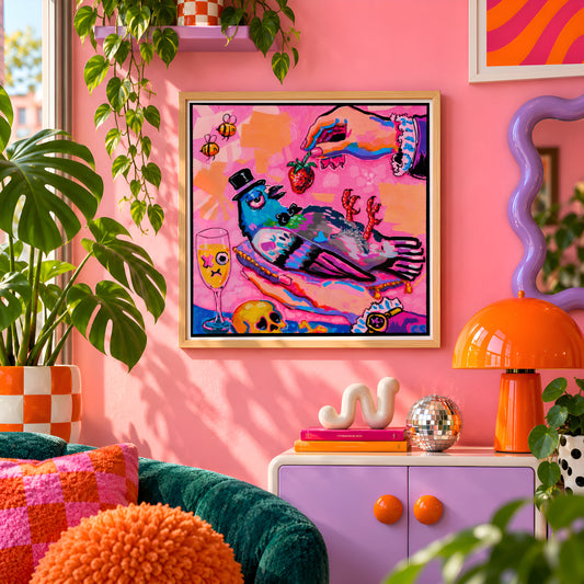 Indulgence and Decay wall art print framed on a pink wall, featuring a pigeon in a top hat being fed a giant strawberry, Candy Decay style by Paintranger