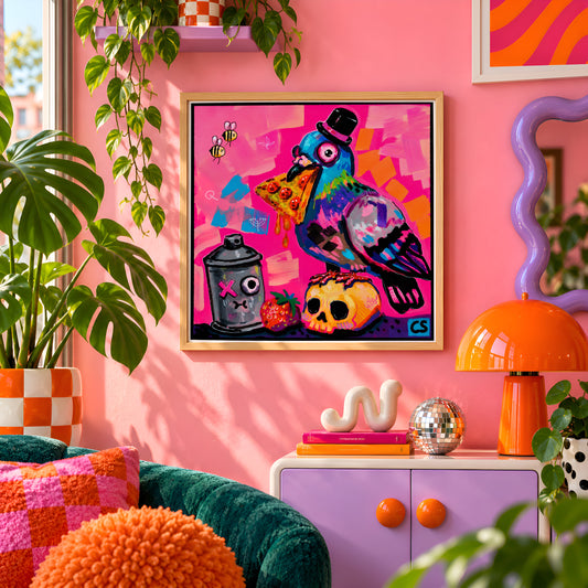 Weird Pigeon wall art print framed on a pink wall, featuring a pigeon in a top hat eating a slice of pizza next to a spray can and a skull, Candy Decay style by Paintranger