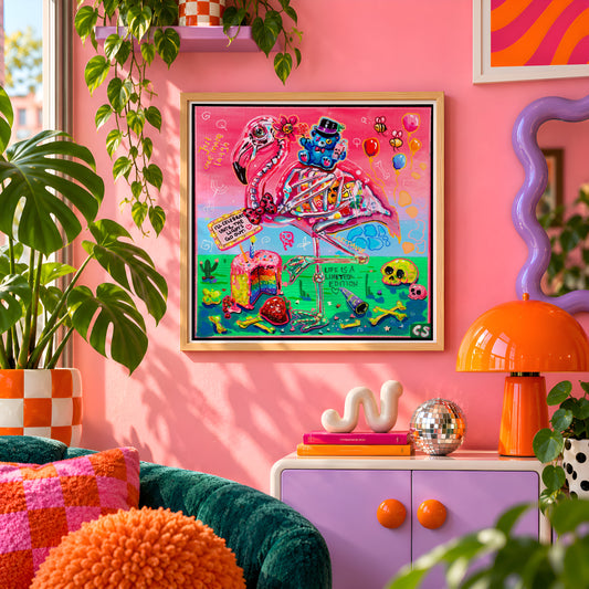 Until the Lights Go Out wall art print framed on a pink wall, featuring a skeleton flamingo celebrating with balloons and cake, Candy Decay style by Paintranger