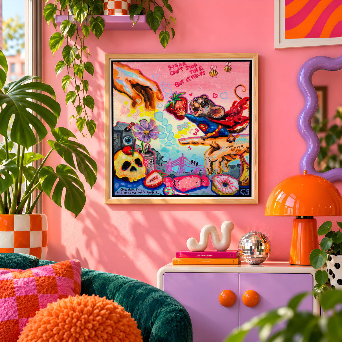 The Creation of Temporary Things wall art print framed on a pink wall, featuring a superhero mouse flying with a strawberry cape past a skull and a donut, Candy Decay style by Paintranger