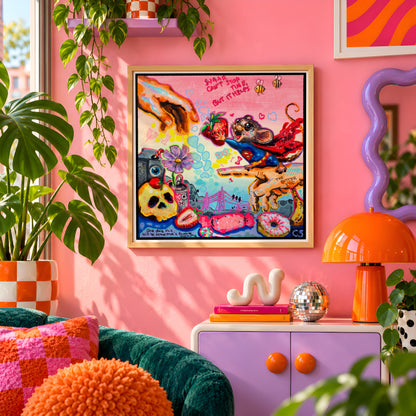 The Creation of Temporary Things wall art print framed on a pink wall, featuring a superhero mouse flying with a strawberry cape past a skull and a donut, Candy Decay style by Paintranger
