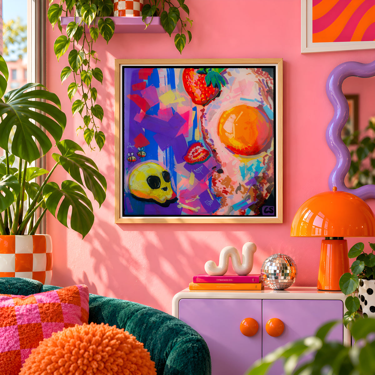 Fried Egg wall art print framed on a pink wall, featuring a fried egg with strawberries and a yellow skull, Candy Decay style by Paintranger