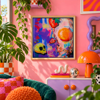 Fried Egg wall art print framed on a pink wall, featuring a fried egg with strawberries and a yellow skull, Candy Decay style by Paintranger