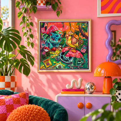 Save Point 11:59 wall art print framed on a pink wall, featuring pixel-art fantasy creatures and retro gaming references, Candy Decay style by Paintranger