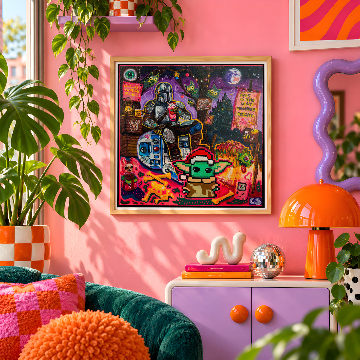 The Day Before Grogu Left wall art print framed on a pink wall, featuring a pixel-art Mandalorian, Grogu and R2-D2 pop culture scene, Candy Decay style by Paintranger