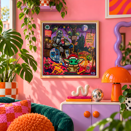 The Day Before Grogu Left wall art print framed on a pink wall, featuring a pixel-art Mandalorian, Grogu and R2-D2 pop culture scene, Candy Decay style by Paintranger