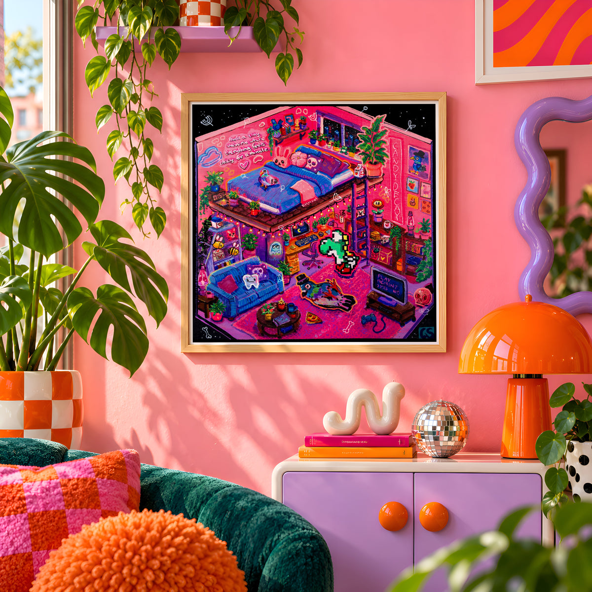 Inside The Candy Decay Apartment wall art print framed on a pink wall, featuring a pixel-art cozy pink bedroom scene, Candy Decay style by Paintranger