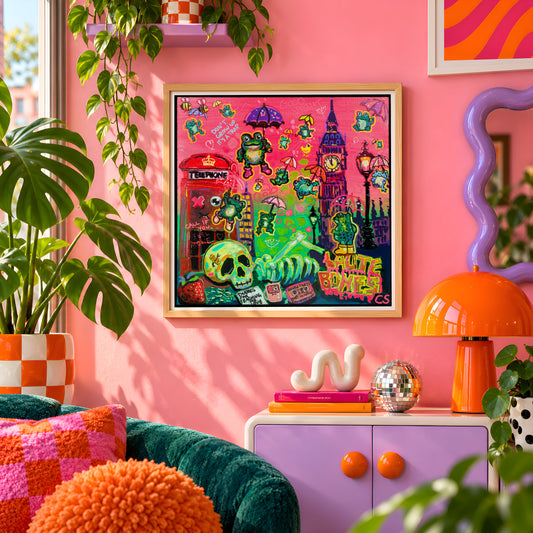 Cloudy with the Chance of Frogs wall art print framed on a pink wall, featuring whimsical frogs falling near a London telephone booth and Big Ben, Candy Decay style by Paintranger