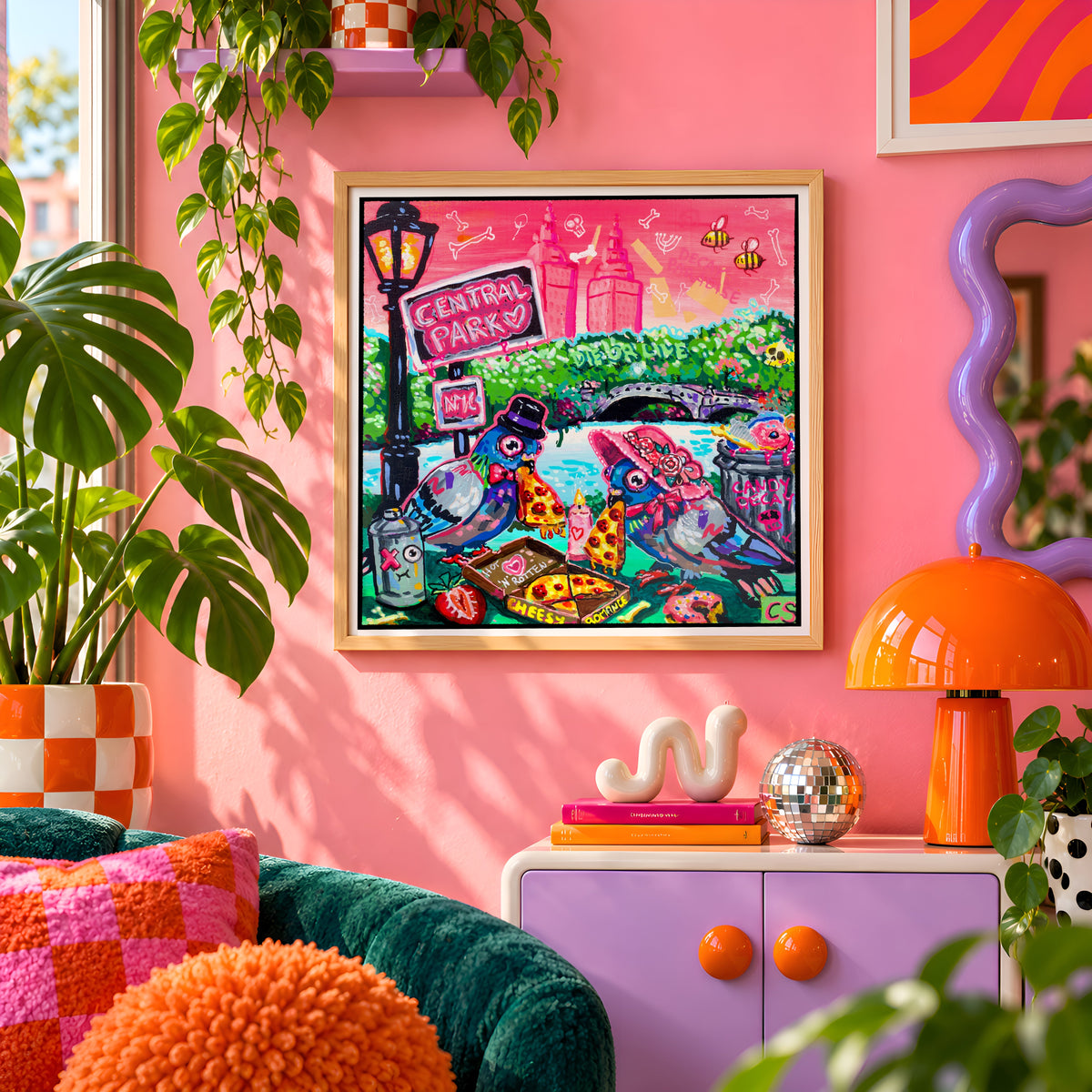 Cheesy Romance wall art print framed on a pink wall, featuring two pigeons on a date in Central Park with pizza and donuts, Candy Decay style by Paintranger