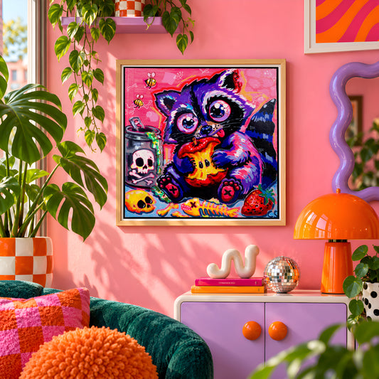 Sugar and Scavenging wall art print framed on a pink wall, featuring a raccoon eating an apple beside a skull jar, bees and a strawberry, Candy Decay style by Paintranger