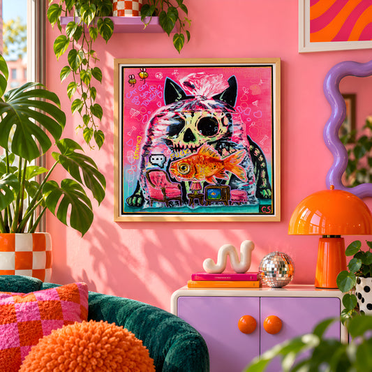 Cat Got Your Tongue? wall art print framed on a pink wall, featuring a giant skull-faced cat looming over a goldfish, Candy Decay style by Paintranger