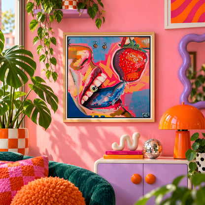 Tongue and Strawberry wall art print framed on a pink wall, featuring a playful tongue and a giant strawberry motif, Candy Decay style by Paintranger