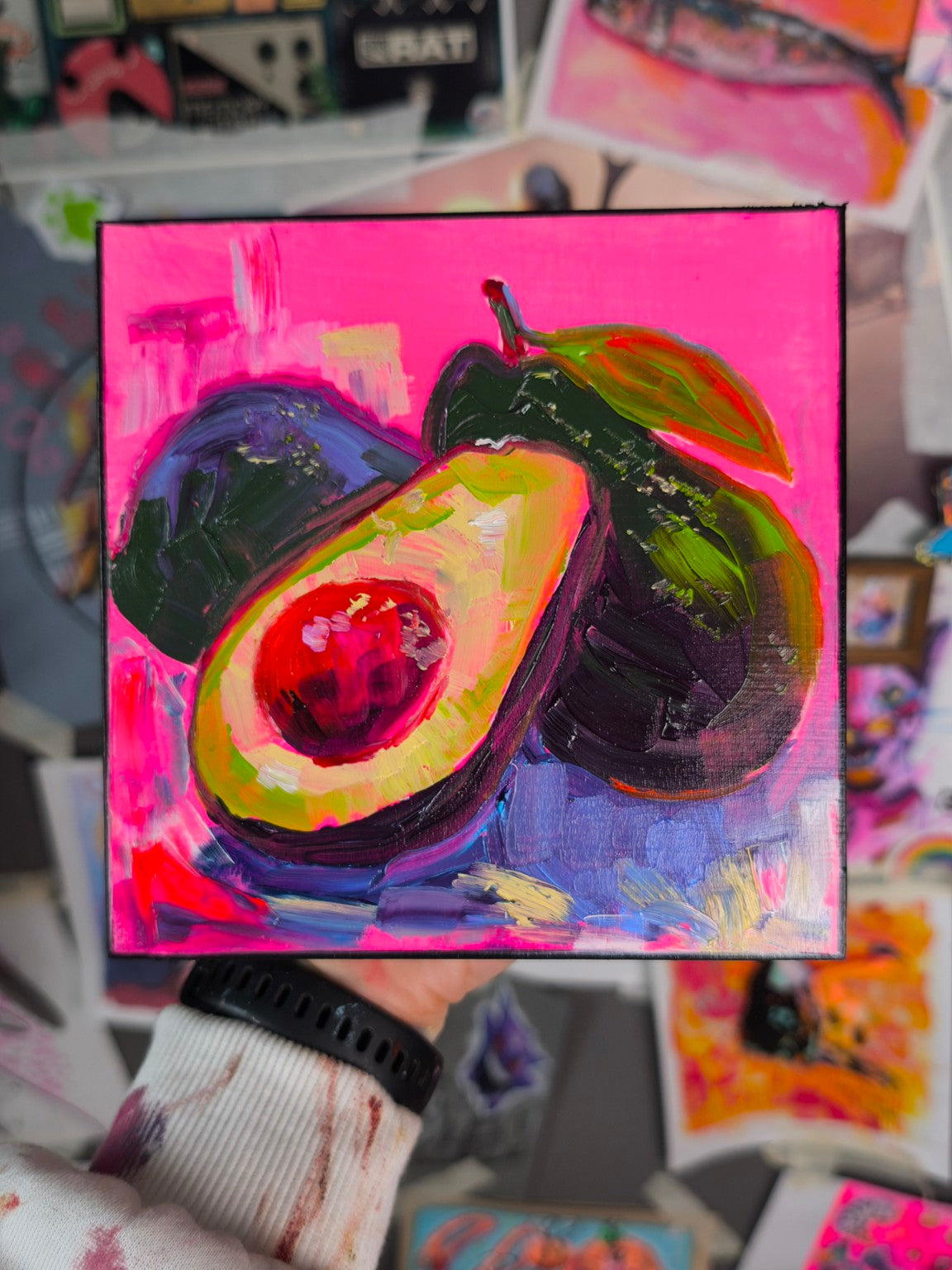 Original avocado oil painting on neon pink background by Paintranger