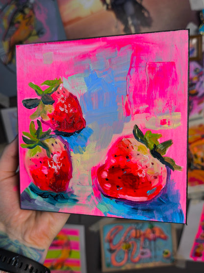 Angled view of a small square strawberry oil painting by Paintranger