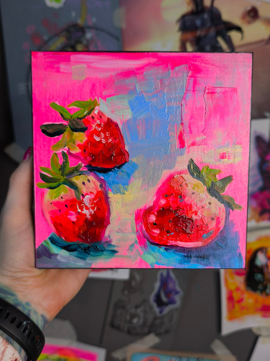 Original oil painting of three strawberries on a neon pink background by Paintranger
