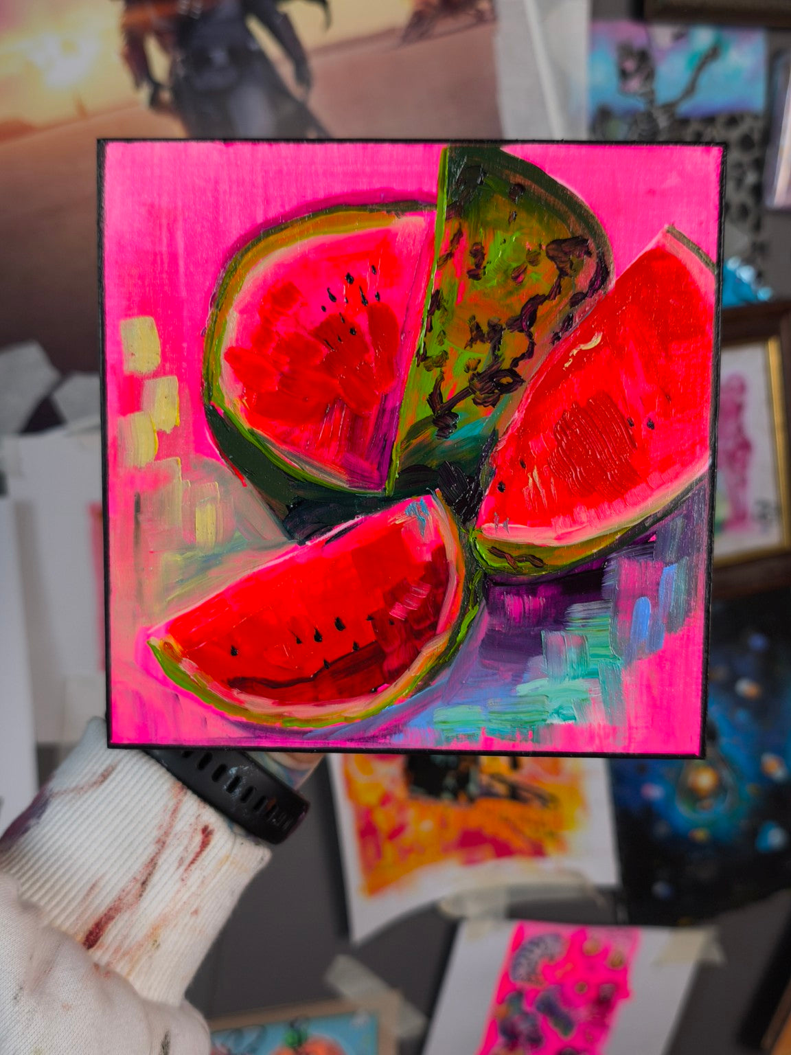 Original watermelon oil painting on neon pink background by Paintranger
