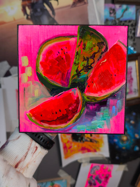 Original watermelon oil painting on neon pink background by Paintranger