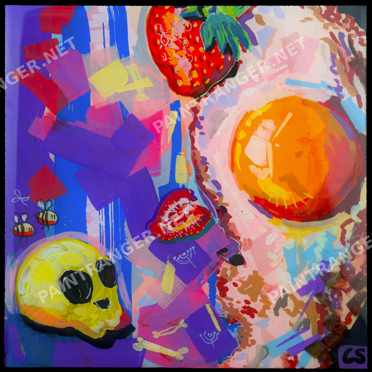 Fried Egg printable food art by Paintranger, a colorful surreal kitchen art design with a fried egg, strawberries, a yellow skull and bees