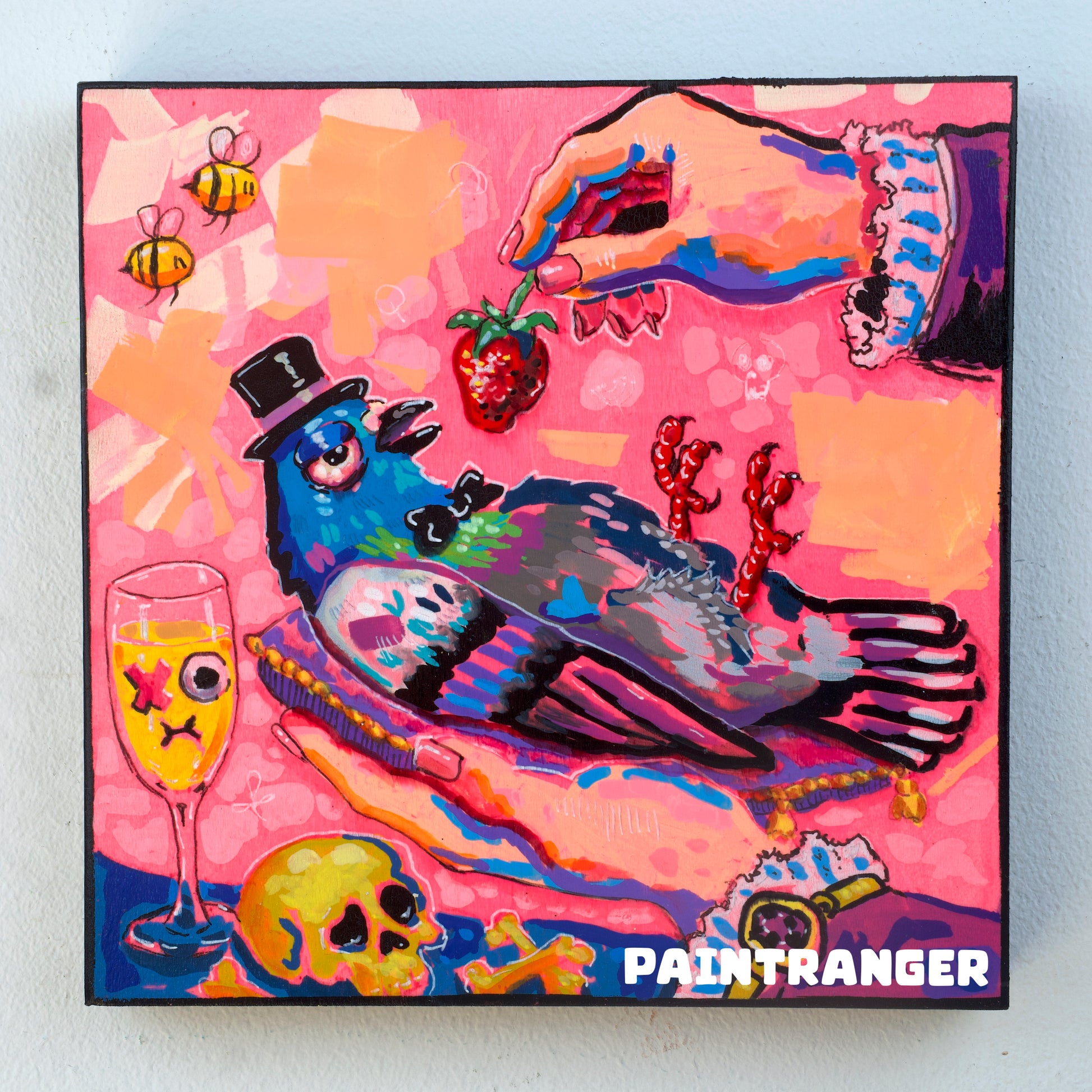 Surreal pigeon love original artwork in Candy Decay style by Paintranger, colorful cute creepy painting on wood panel with pigeon, strawberry and bittersweet emotional details
