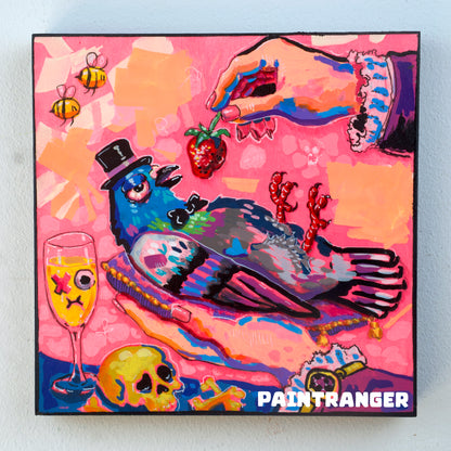 Surreal pigeon love original artwork in Candy Decay style by Paintranger, colorful cute creepy painting on wood panel with pigeon, strawberry and bittersweet emotional details
