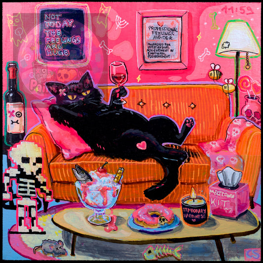 Not Today, The Feelings Are Huge printable art by Paintranger with a black cat in a vivid neon pink Candy Decay interior.