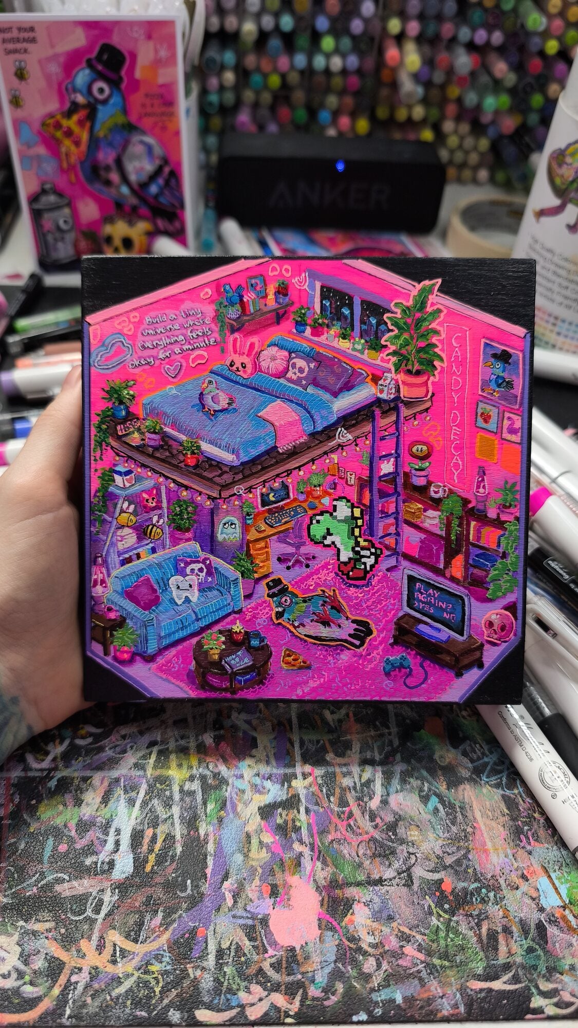 The Candy Decay Apartment: a recurring world built from the same cast, objects and visual language that move throughout the series.