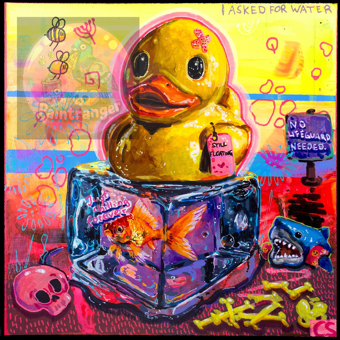 Plastic Memories printable art by Paintranger with a yellow rubber duck and nostalgic objects in vivid Candy Decay colors.