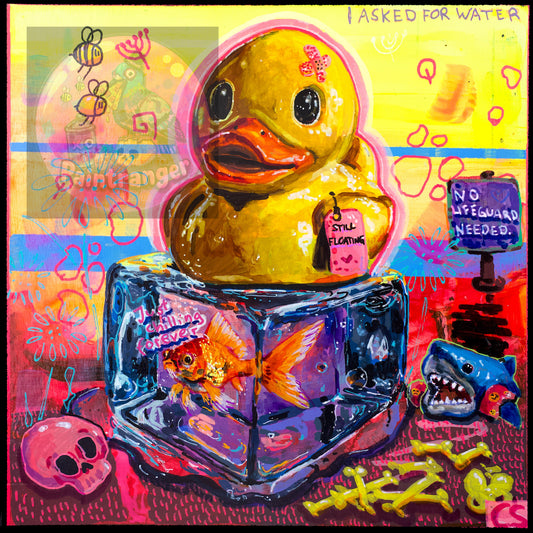 Plastic Memories printable art by Paintranger with a yellow rubber duck and nostalgic objects in vivid Candy Decay colors.