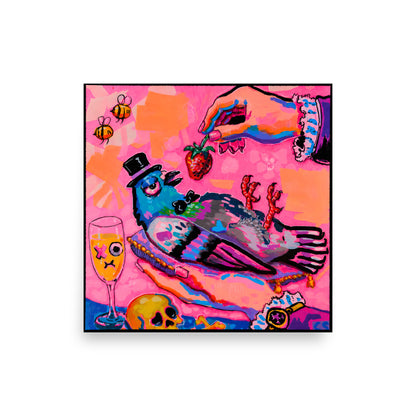 Shop Indulgence and Decay by Paintranger – a colorful surreal pigeon wall art print featuring a strawberry, candy colors and cute dark aesthetics.Product mockup