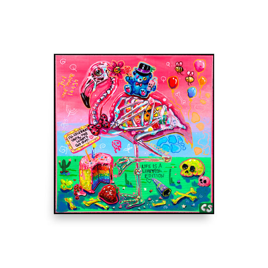 Shop Until the Lights Go Out by Paintranger – a colorful surreal flamingo skeleton wall art print with cute dark Candy Decay aesthetics.