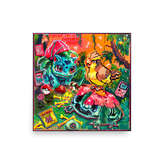 Colorful nostalgic gaming inspired artwork featuring cute fantasy creatures, pixel art vibes, bones, flowers and bright candy colors. A surreal Candy Decay art print mixing childhood memories, cute creepy details and playful dark fantasy.
