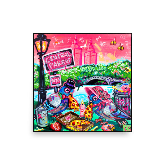 Colorful surreal pigeon artwork featuring two cute birds having a romantic dinner in Central Park with pizza, candles and playful details. A vibrant Candy Decay art print mixing animal love, humor, nostalgia and cute creepy storytelling.