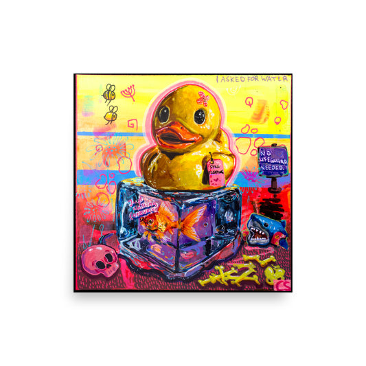 Colorful surreal rubber duck artwork featuring a cute duck sitting on an ice cube with a goldfish inside, surrounded by candy colors and nostalgic details. A vibrant Candy Decay wall art print mixing childhood memories, cute creepy aesthetics and emotional storytelling.