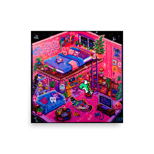 Square fine art print titled "Inside the Candy Decay Studio," featuring a vibrant pink loft bedroom and artist workspace filled with plants, pigeons, retro gaming references, cozy furniture, tiny hidden details, and playful pop surreal elements in bright neon colors.
