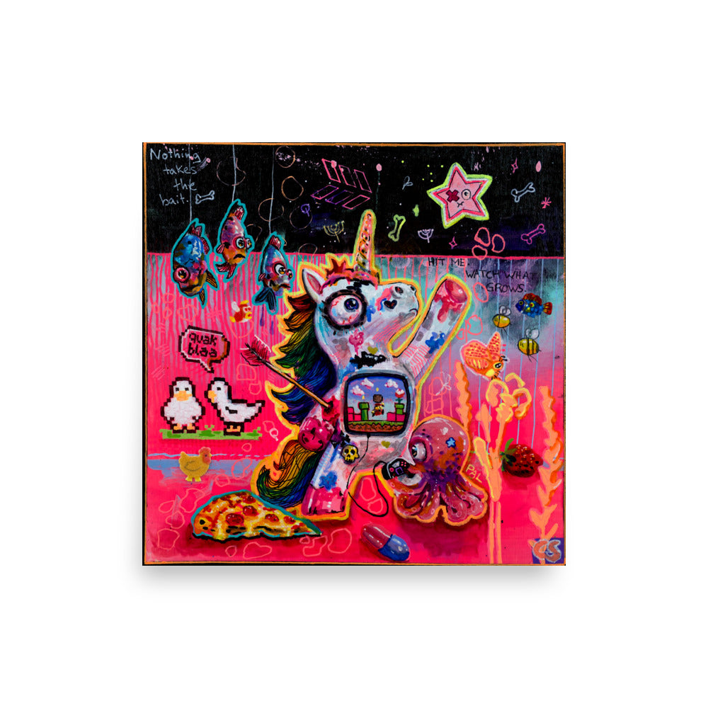 Colorful surreal unicorn wall art print featuring a zombie-cute unicorn ricocheting through a candy-colored dreamscape, blending playful fantasy with dark whimsical Candy Decay style.