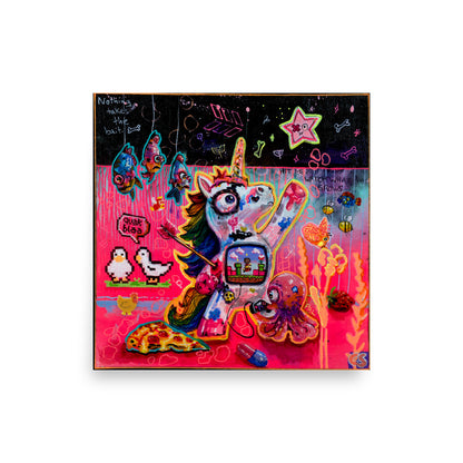 Colorful surreal unicorn wall art print featuring a zombie-cute unicorn ricocheting through a candy-colored dreamscape, blending playful fantasy with dark whimsical Candy Decay style.