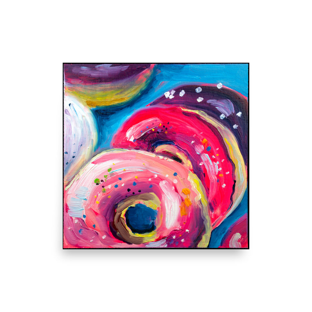 Donut No. 07 Food Study poster, colorful pink donut art print, 14 x 14 inch