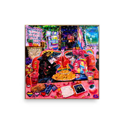 Bad Signal, Good Transition wall art print featuring two sharks sharing cinema nachos and cheese dip in a glowing pink room with trans pride details. A colorful Candy Decay art print by Paintranger.