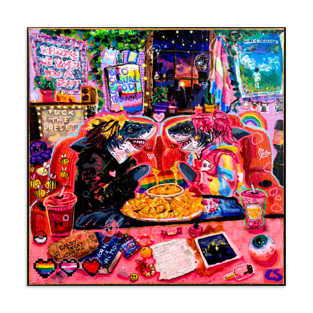 Bad Signal, Good Transition wall art print featuring two sharks sharing cinema nachos and cheese dip in a glowing pink room with trans pride details. A colorful Candy Decay art print by Paintranger.