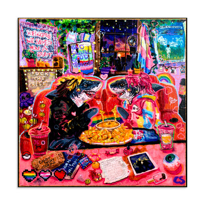 Bad Signal, Good Transition wall art print featuring two sharks sharing cinema nachos and cheese dip in a glowing pink room with trans pride details. A colorful Candy Decay art print by Paintranger.