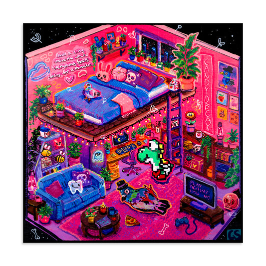 Square fine art print titled "Inside the Candy Decay Studio," featuring a vibrant pink loft bedroom and artist workspace filled with plants, pigeons, retro gaming references, cozy furniture, tiny hidden details, and playful pop surreal elements in bright neon colors.