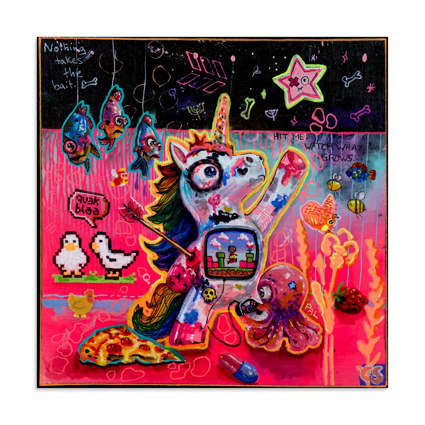 Colorful surreal unicorn wall art print featuring a zombie-cute unicorn ricocheting through a candy-colored dreamscape, blending playful fantasy with dark whimsical Candy Decay style.