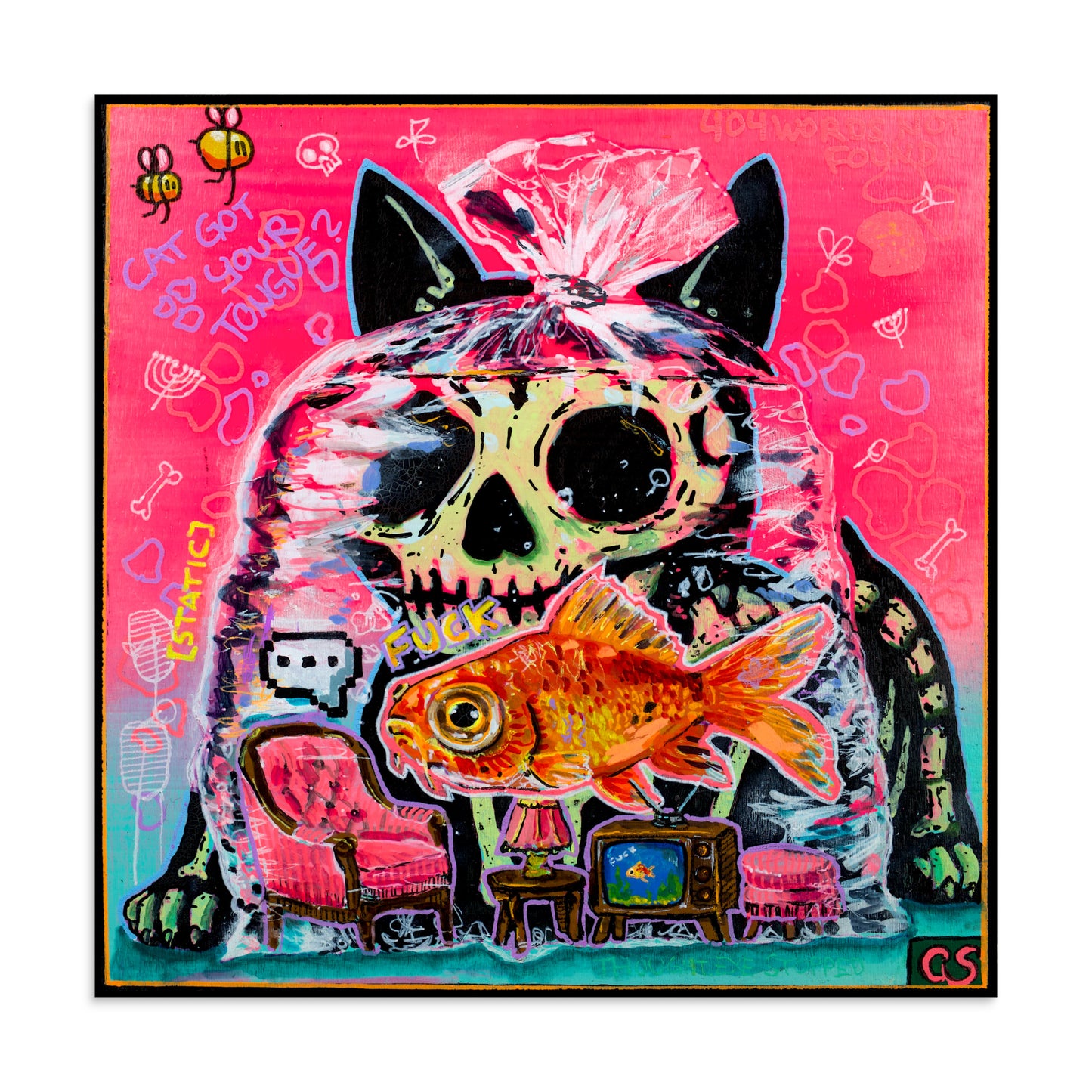 Colorful pop-surreal artwork titled Cat Got Your Tongue? featuring a large black cat with a skull-like face staring over a goldfish trapped inside a transparent plastic bag. Tiny furniture, including a pink armchair, lamp and vintage television, sits inside the bag beneath the fish. The background is neon pink and turquoise with handwritten doodles, bones, bees and playful symbols.