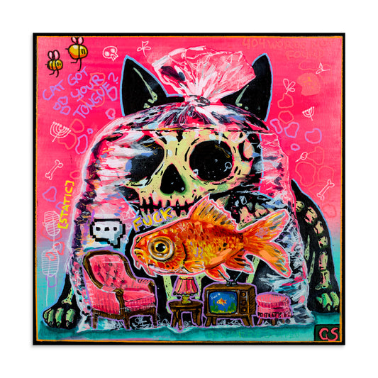 Colorful pop-surreal artwork titled Cat Got Your Tongue? featuring a large black cat with a skull-like face staring over a goldfish trapped inside a transparent plastic bag. Tiny furniture, including a pink armchair, lamp and vintage television, sits inside the bag beneath the fish. The background is neon pink and turquoise with handwritten doodles, bones, bees and playful symbols.